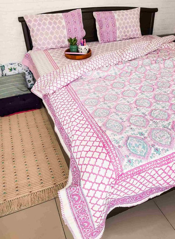 lavender color block printed quilt