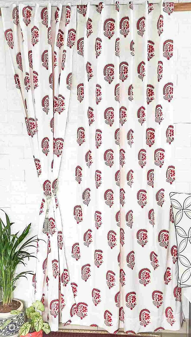 Red floral handblock cotton curtain main