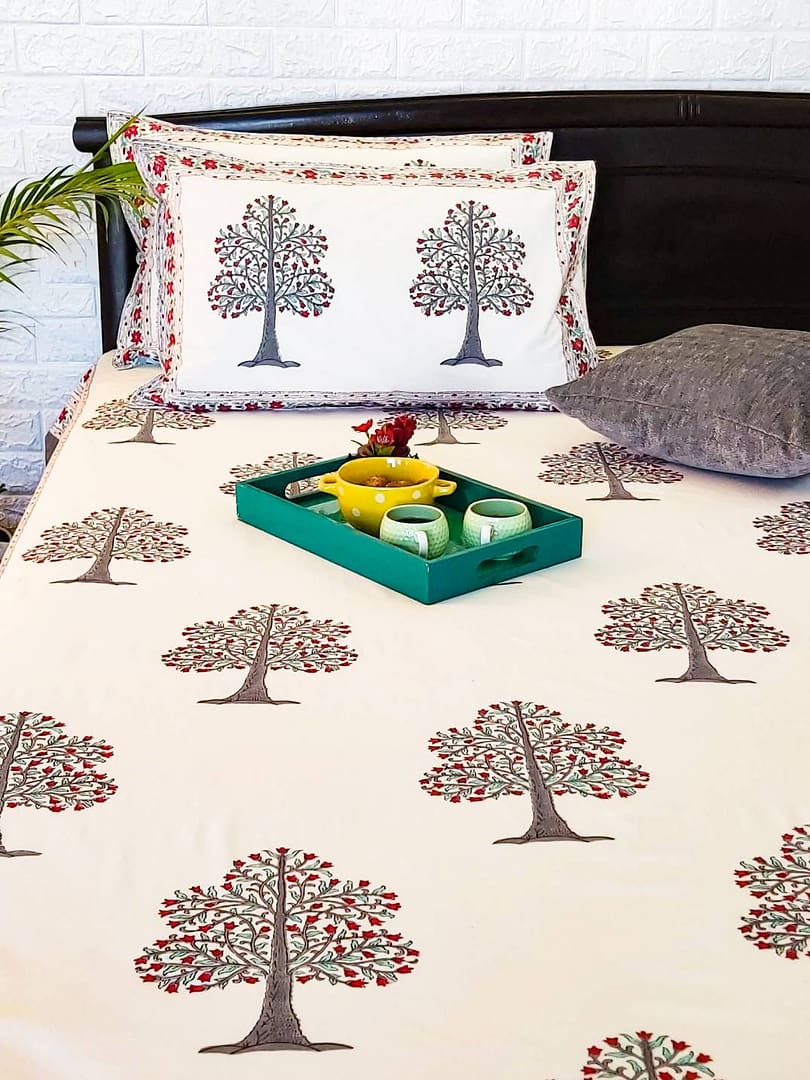 handblock printed cotton bedspread in tree print