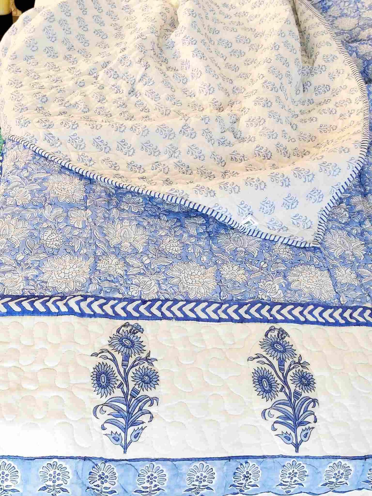 Blue Floral Jaal Double Bed Cotton Quilt 